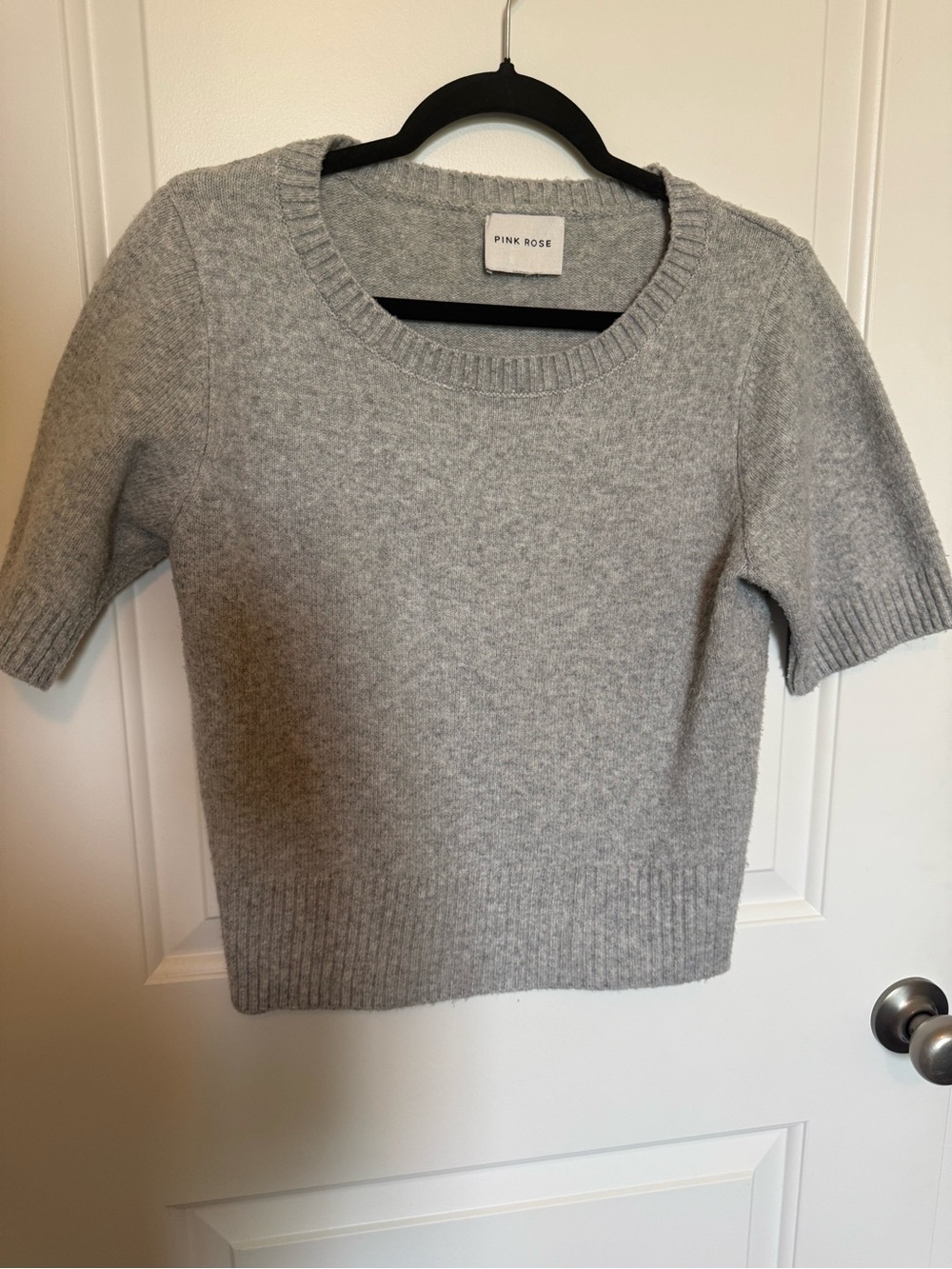 Pink Rose Light Gray Short Sleeve Crewneck Sweater